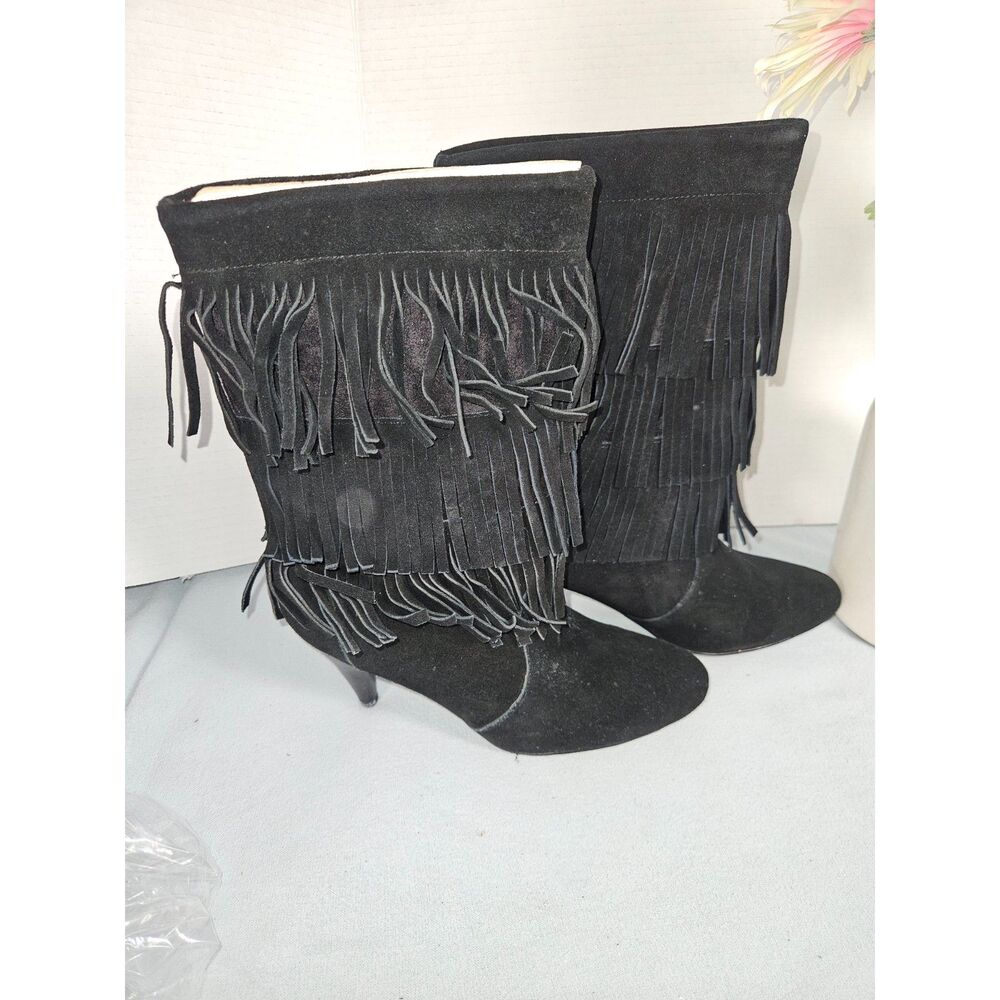 Chinese Laundry Black Suede Tiered Fringe Heeled Ankle Boots Women's Size 7M
